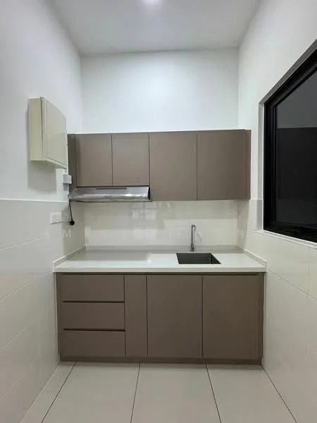 Kitchen features: brown cabinetry with flat-panel doors, white quartz countertop, single-bowl stainless-steel sink, chrome pull-down faucet, built-in stainless-steel range hood, white tiled backsplash, white tiled walls, light-colored floor tiles, window with black frame; style: modern.