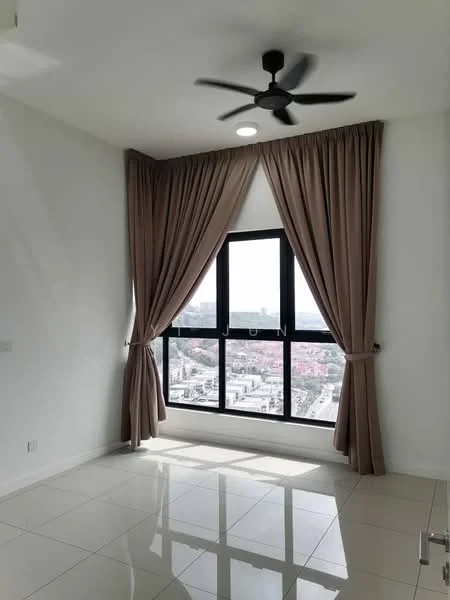 Room features: floor-to-ceiling windows, brown curtains, white painted walls, polished tile flooring, 5-blade ceiling fan with light, city view; style: modern; view: city.