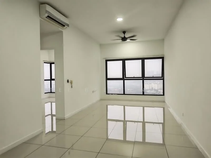 Living features: white painted walls, glossy tile flooring, 5-blade ceiling fan with light, floor-to-ceiling windows, city view, wall-mounted split AC, recessed downlights, mirror wall; style: modern; view: city.