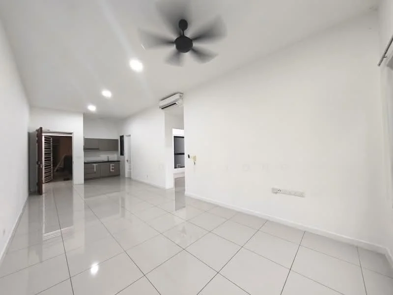 Living features: white painted walls, glossy ceramic tile flooring, 5-blade ceiling fan, recessed LED downlights, air conditioning unit, open layout, large windows, neutral decor; style: modern. Kitchen features: kitchen cabinetry, countertop, stainless-steel sink, built-in appliances, open to living area; style: modern.
