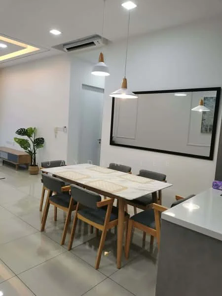 Dining features: 6-seater dining table, wooden dining chairs with grey upholstery, pendant lighting above the table, white marble tabletop, grey cabinetry, white tiled flooring, wall-mounted mirror, decorative wall art, indoor plant in ceramic pot, air conditioning unit on ceiling; style: modern.
