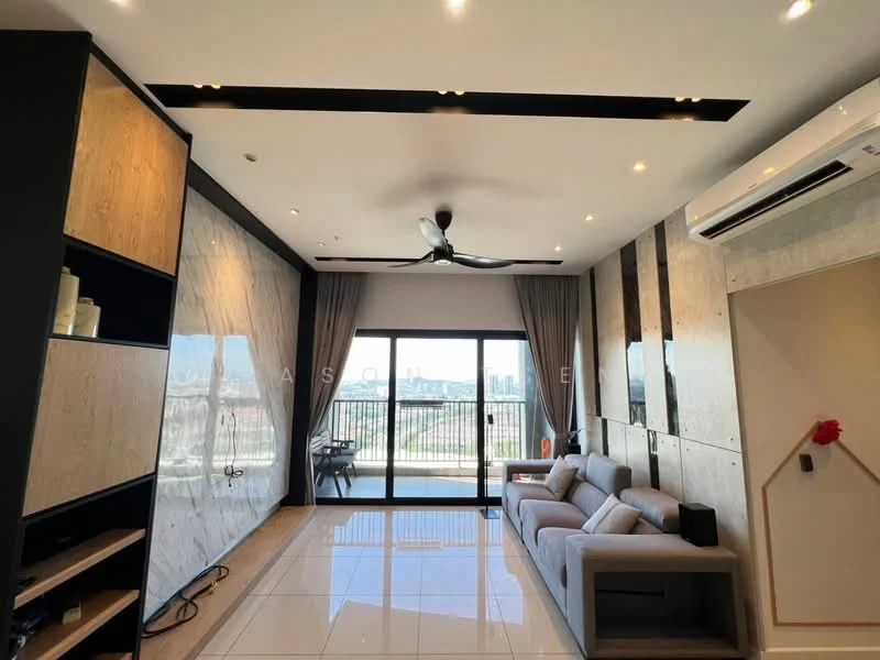 Living features: 3-seater fabric sofa in light grey, coffee table, wall-mounted TV, built-in shelving unit with wood finish, white marble feature wall, recessed ceiling lights, 5-blade ceiling fan with light, floor-to-ceiling windows, curtains, glossy tile flooring; style: modern; view: city.