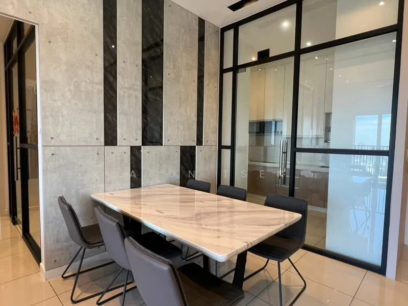 Dining features: marble dining table, 6 upholstered dining chairs, grey tiled flooring, concrete accent wall, black framed glass partition, recessed LED downlights, wall-mounted artwork, large window with city view; style: modern; view: city.