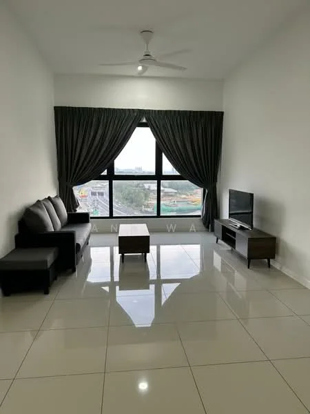 Living features: 3-seater fabric sofa in grey, coffee table, wall-mounted TV, TV console, floor-to-ceiling windows, sheer curtains, dark grey curtains, polished ceramic tile flooring, ceiling fan with light, decorative wall, city view; style: modern; view: city.