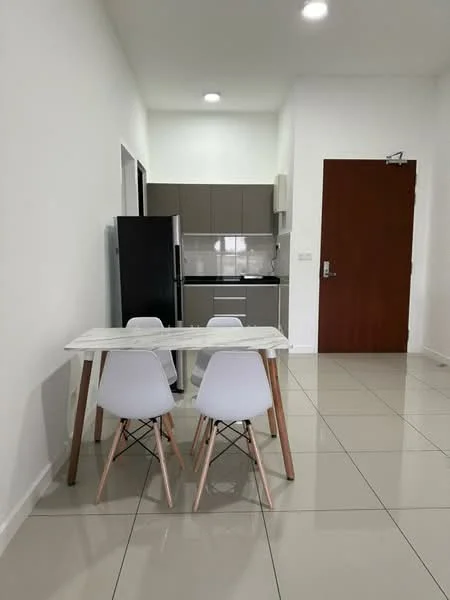 Dining features: white walls, glossy tile flooring, 4-seater dining table with marble top, white plastic chairs with wooden legs, black refrigerator, grey cabinetry, black countertop, built-in kitchen appliances, recessed downlights; style: modern.