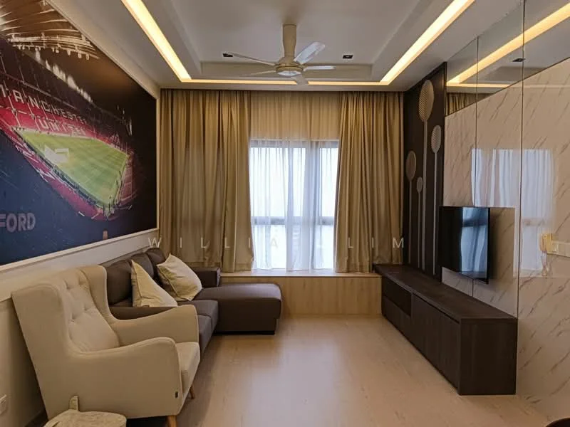 Living features: light wood flooring, white painted walls, ceiling with recessed lighting, 5-blade ceiling fan, large windows with sheer curtains, wall-mounted TV, dark wood TV console, sofa in light grey fabric, accent wall with sports theme, decorative cushions, built-in cabinetry, neutral color palette; style: modern; view: city.
