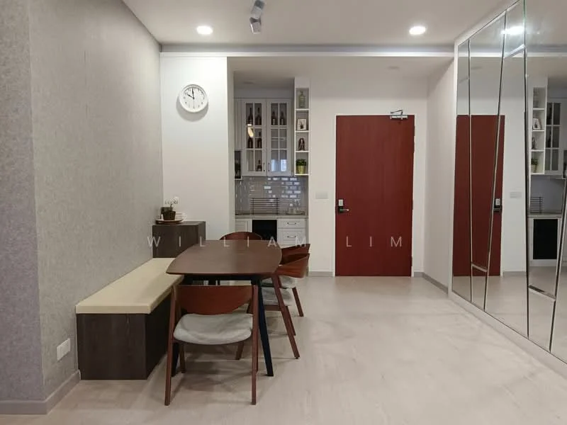 Dining features: wooden dining table, 4 dining chairs, wall-mounted clock, mirror wall, built-in cabinetry with glass doors, grey wallpaper, light-colored flooring, door with red finish; style: modern.