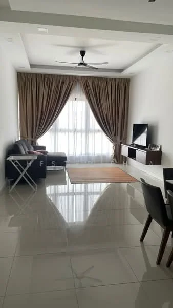 Living features: 5-blade ceiling fan with light, floor-to-ceiling windows, sheer curtains, dark brown leather sofa, coffee table, TV console, wall-mounted TV, area rug, polished ceramic tile flooring, recessed downlights, decorative wall, light-colored walls, crown moulding; style: modern.