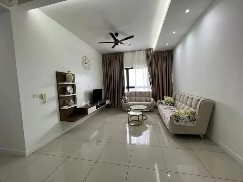 Living features: white painted walls, glossy tile flooring, 5-blade ceiling fan with light, sofa with floral upholstery, 2-seater beige sofa, coffee table with round glass top, TV console with wall-mounted TV, decorative wall clock, curtains, wall-mounted shelving unit; style: modern.