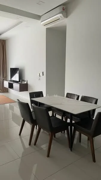 Dining features: marble dining table, 6-seater dining table, upholstered dining chairs, white painted walls, polished tile flooring, wall-mounted TV, TV console, 1 wall-mounted split AC, curtains, decorative wall panel; style: modern.