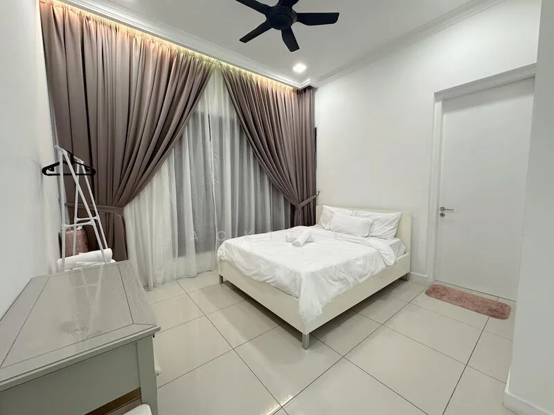 Bedroom features: queen-size bed with white bedding, floor-to-ceiling windows with sheer and blackout curtains, light grey walls, white tiled flooring, ceiling fan, nightstand, dressing table with mirror, wardrobe, decorative rug; style: modern.