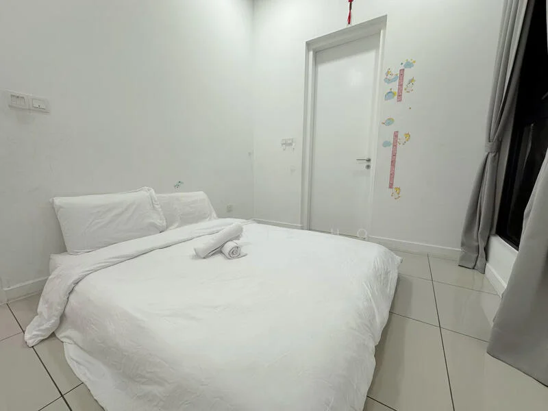 Bedroom features: white bedding, single bed, white walls, tile flooring, floor-to-ceiling window, grey curtains, white door, decorative wall stickers; style: minimalist.