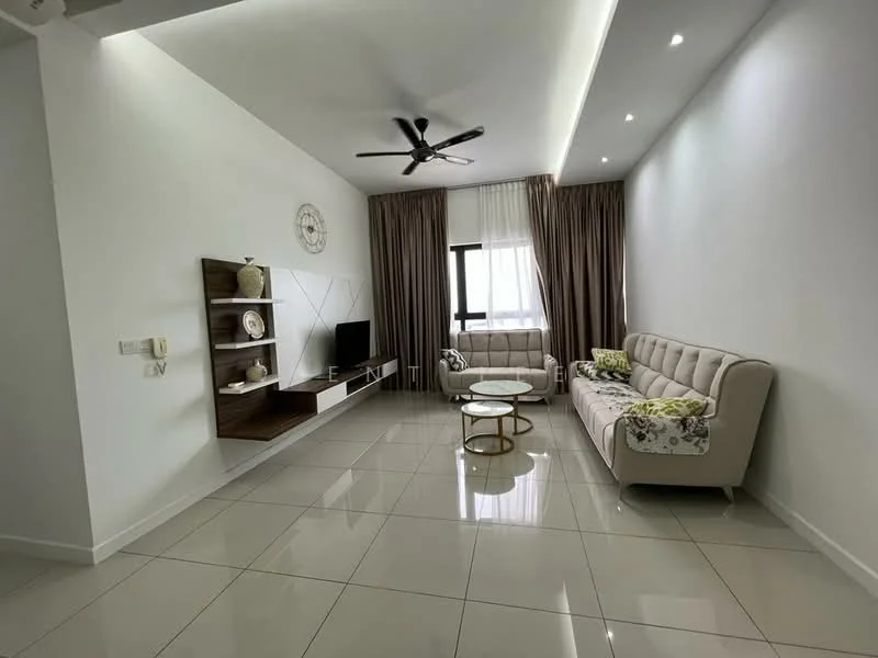 Living features: white painted walls, glossy tile flooring, 5-blade ceiling fan with light, sofa with floral upholstery, 2-seater beige leather sofa, round coffee table with gold base, TV console with decorative items, wall-mounted TV, floor-to-ceiling windows with sheer curtains, decorative wall clock, area rug with geometric pattern; style: modern.