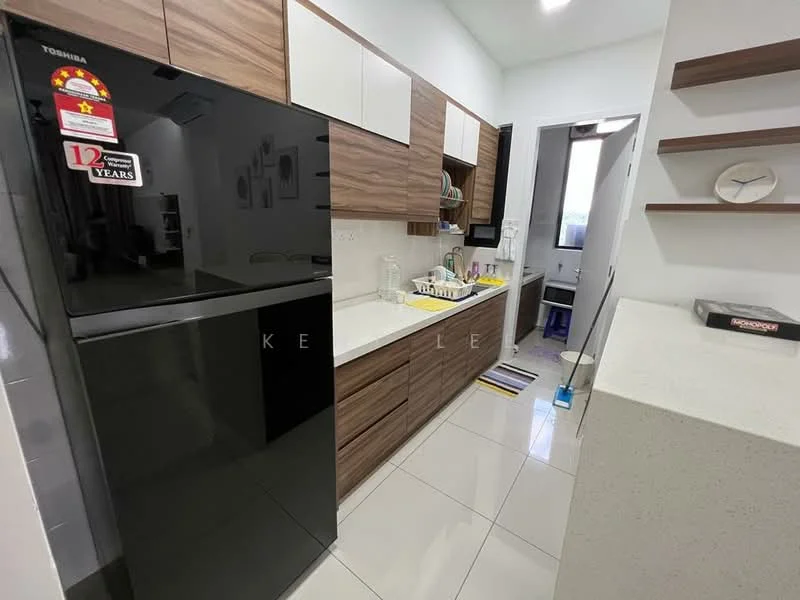 Kitchen features: black refrigerator, wooden cabinetry with white upper cabinets, white quartz countertop, stainless-steel sink, chrome faucet, tile backsplash, ceramic tile flooring, wall-mounted shelves, window with natural light, kitchen utensils on countertop, dish rack, kitchen mat; style: modern.