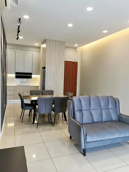 Dining features: 4-seater dining table, upholstered dining chairs in grey, grey fabric sofa, white painted walls, recessed LED downlights, tile flooring, built-in cabinetry, wall-mounted TV, air conditioning unit; style: modern.