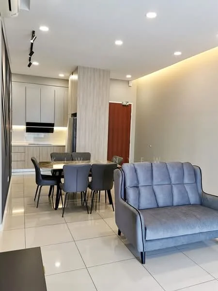 Living features: grey fabric 3-seater sofa, white tiled flooring, recessed LED downlights, wall-mounted TV, dining table with 6 upholstered chairs, kitchen cabinetry with light wood finish, built-in oven, fridge, open layout, neutral wall color, decorative wall paneling; style: modern.