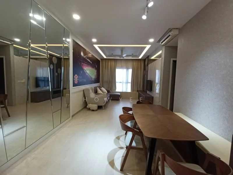 Living features: light wood flooring, grey accent wall, mirrored wall, recessed downlights, ceiling fan, large window with curtains, dining table with wooden surface and four chairs, sofa, TV console, decorative wall art, built-in cabinetry; style: modern.
