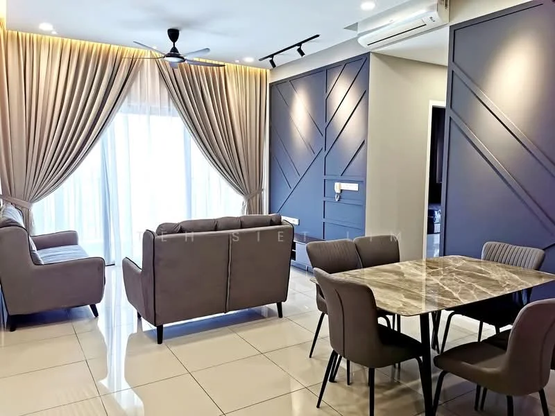 Living features: grey fabric sofa, 2-seater sofa, 3-seater sofa, marble dining table, upholstered dining chairs, floor-to-ceiling windows, sheer curtains, recessed downlights, ceiling fan, wall-mounted air conditioning unit, decorative wall paneling, glossy tiled flooring; style: modern.