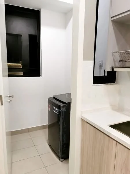 Laundry features: black fridge, white walls, light grey tile flooring, window with black frame, countertop with sink, wood cabinetry, open shelving, modern design; style: modern.