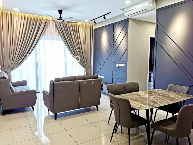 Living features: 3-seater fabric sofa in grey, 2-seater fabric sofa in grey, marble dining table, 4 upholstered dining chairs, floor-to-ceiling windows, sheer curtains, recessed downlights, ceiling fan, wall-mounted air conditioning unit, glossy tile flooring, decorative wall paneling in dark blue, decorative wall with diagonal lines; style: modern.
