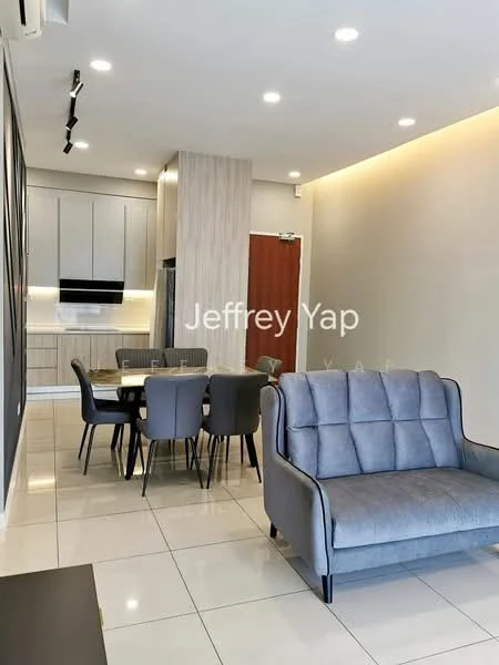 Living features: grey fabric sofa, 4-seater dining table, upholstered dining chairs, white tiled flooring, recessed LED downlights, wall-mounted TV, kitchen cabinetry with light wood finish, open-plan layout, large windows, neutral wall colour, air conditioning unit; style: modern.