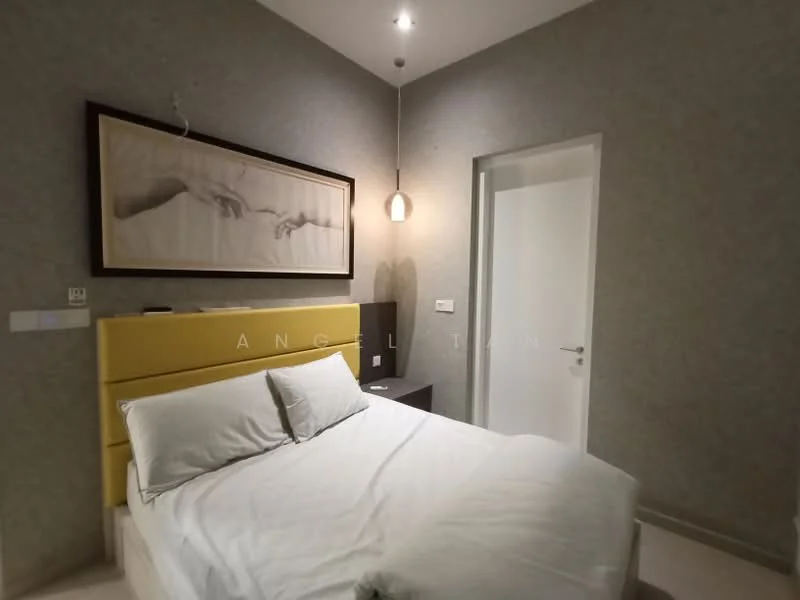 Bedroom features: queen-size bed, upholstered headboard in yellow, white bedding, nightstand with drawer, pendant light fixture, grey wallpaper, white door, wall-mounted artwork, recessed ceiling light; style: modern.