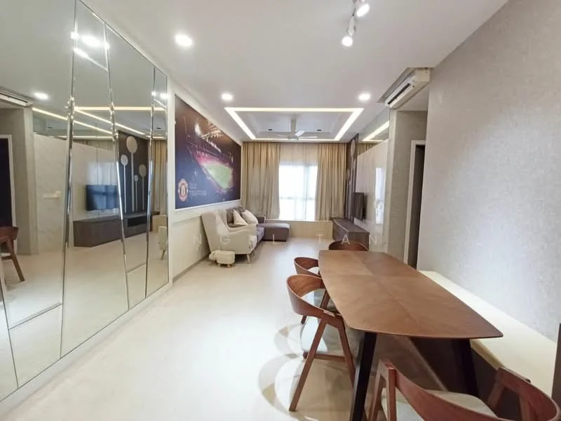 Living features: light wood flooring, white painted walls, mirrored wall, recessed downlights, ceiling fan, large window with curtains, sofa, dining table with wooden chairs, decorative wall art, TV console, area rug; style: modern.