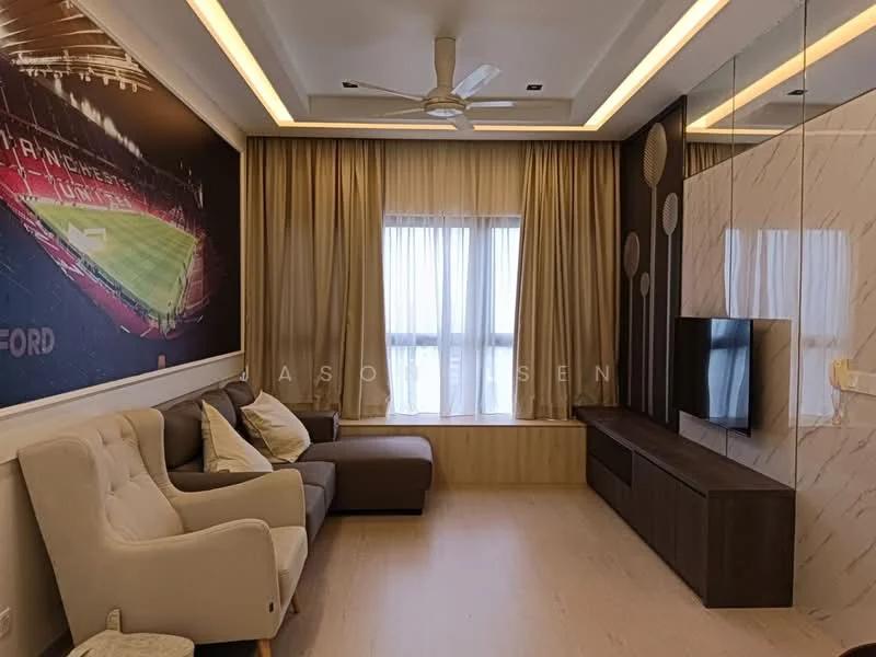 Living features: light wood flooring, white painted walls, ceiling with recessed lighting, 5-blade ceiling fan, large window with sheer curtains, wall-mounted TV, wooden TV console, upholstered 3-seater sofa in grey, armchair in cream fabric, decorative wall art featuring a football stadium; style: modern; view: city.