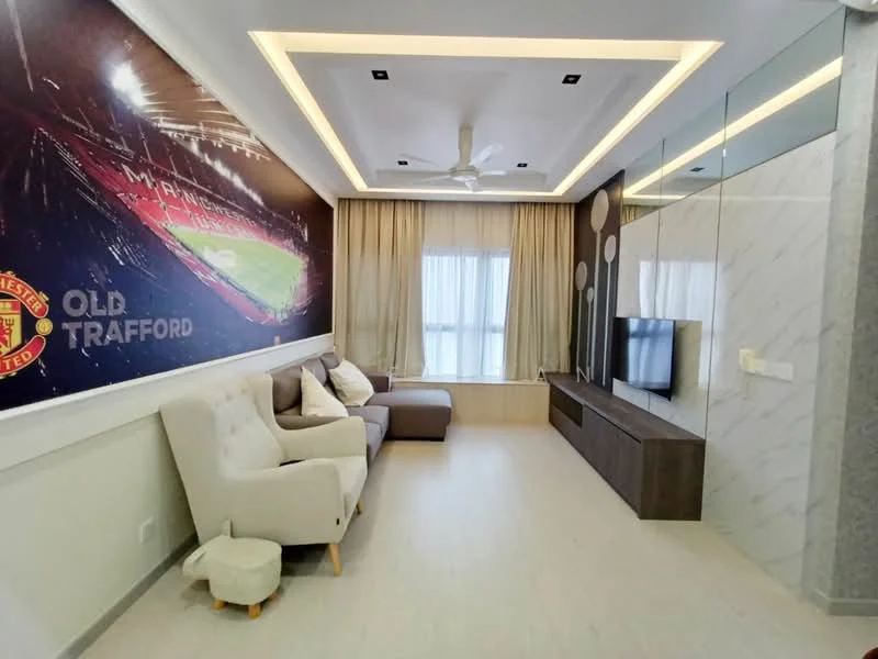 Living features: light wood flooring, white painted walls, tray ceiling with recessed lighting, 5-blade ceiling fan, large window with sheer curtains, wall-mounted TV, wooden TV console, sofa in light grey, sectional sofa in dark grey, decorative wall mural with sports theme, decorative wall panels, area rug; style: modern; view: city.