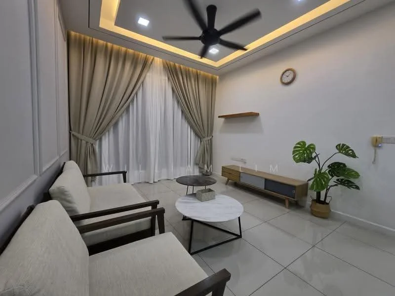 Living features: 2-seater fabric sofa in light beige, wooden armchairs, round coffee table with black top, TV console with wooden finish, wall-mounted shelf, floor-to-ceiling windows with sheer curtains, drapes in light beige, ceiling fan with integrated LED light, wall clock, decorative plant in ceramic pot, glossy tile flooring, recessed ceiling lights, crown moulding; style: modern.