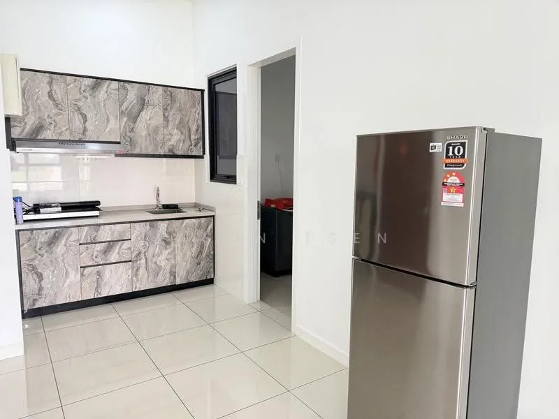 Kitchen features: grey marble-patterned cabinetry, stainless-steel fridge, single-bowl stainless-steel sink, chrome pull-down faucet, ceramic tile flooring, white painted walls, built-in oven, 4-burner gas hob, window above sink, countertop space, open shelving; style: modern.
