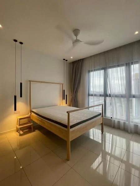 Bedroom features: queen-size bed, wooden bed frame, 2 bedside lamps, ceiling fan, floor-to-ceiling windows, sheer curtains, grey curtains, glossy tile flooring, light-colored walls, minimalist decor; style: modern; view: city.