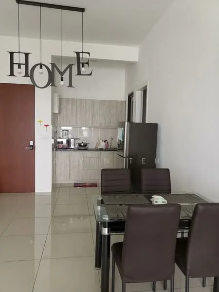 Dining features: glass dining table, 4 upholstered dining chairs in brown, decorative wall sign with the word 'HOME', white walls, tile flooring, recessed ceiling lights, open layout to kitchen, kitchen visible in background; style: modern. Kitchen features: stainless-steel fridge, built-in kitchen cabinets in light wood, countertop with cooking appliances, sink, tile backsplash, microwave, kitchen utensils visible, open shelving; style: modern.