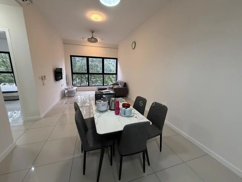 Dining features: 4-seater dining table with white marble top, grey upholstered dining chairs, pendant light, floor-to-ceiling windows, white painted walls, glossy ceramic tile flooring, ceiling fan, decorative wall clock; style: modern; view: garden. Living features: grey fabric sofa, TV console, wall-mounted TV, open layout, natural light from windows; style: modern; view: garden.