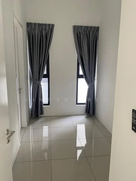 Room features: white painted walls, grey curtains, two windows, glossy tile flooring, neutral color scheme, minimalist decor, no visible furniture, bright natural light; style: modern.