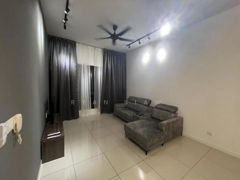 Living features: grey fabric sectional sofa, wall-mounted TV, TV console, recessed LED downlights, 5-blade ceiling fan, white painted walls, glossy tile flooring, floor-to-ceiling windows with sheer curtains; style: modern.