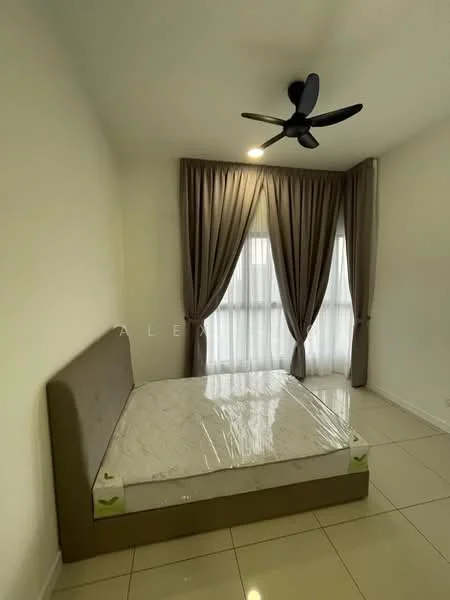 Bedroom features: queen-size bed, upholstered headboard, floor-to-ceiling windows, sheer curtains, dark grey curtains, 5-blade ceiling fan with light, white painted walls, glossy tile flooring; style: modern.
