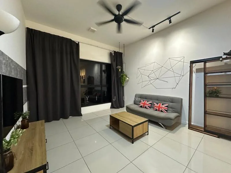 Living features: grey fabric sofa, 2-seater sofa, coffee table with wooden top, floor-to-ceiling window, blackout curtains, ceiling fan, wall-mounted TV, decorative wall art, wooden shelving unit, decorative plants, tile flooring, light-colored walls; style: modern; view: city.