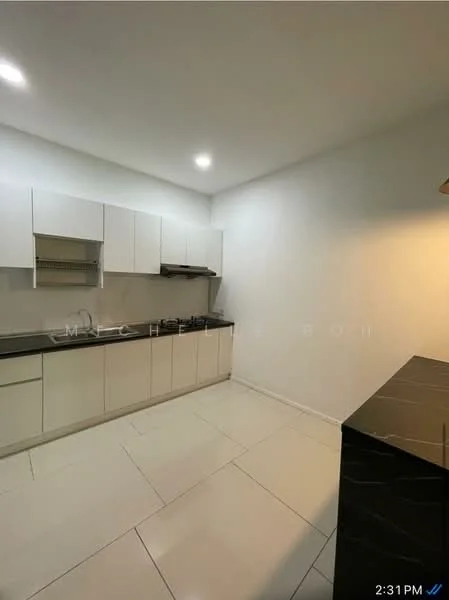 Kitchen features: white cabinetry, black granite countertop, built-in oven, stainless-steel gas hob, extraction hood, ceramic tile flooring, recessed LED downlights, open shelving, single-bowl stainless-steel sink; style: modern.