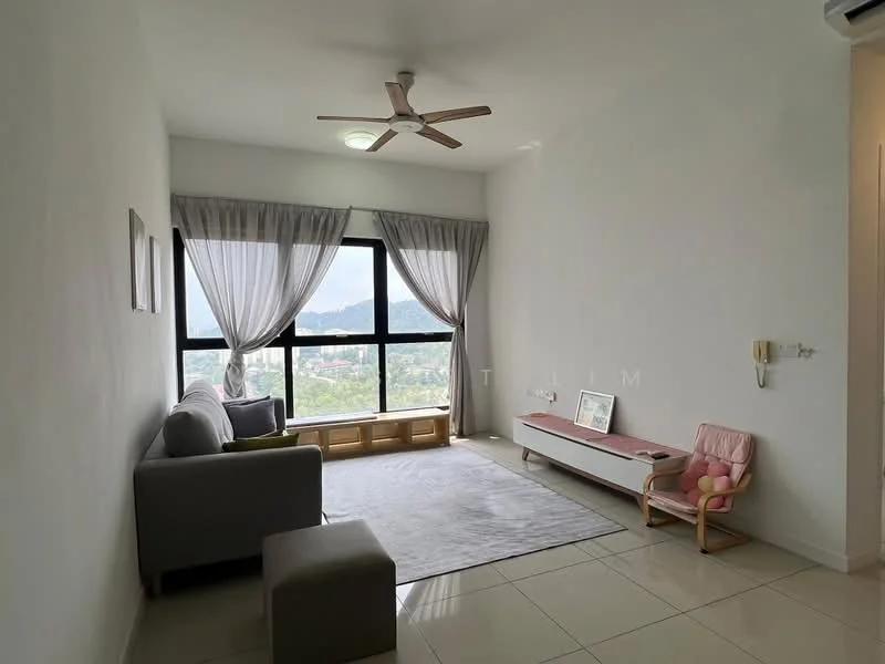 Living features: grey fabric sofa, light-colored area rug, wooden coffee table, floor-to-ceiling windows, sheer curtains, 5-blade ceiling fan with light, wall-mounted TV, decorative wall shelf, pink children's chair, mountain view; style: modern; view: mountain.