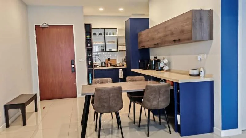 Kitchen features: wood cabinetry, blue accent wall, light-colored countertop, stainless-steel appliances, built-in oven, microwave, kitchen island with seating, 4 dining chairs, open shelving, tile flooring, recessed lighting; style: modern.