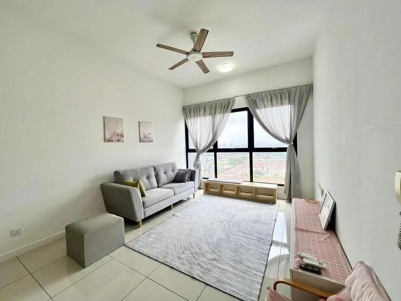 Living features: grey fabric sofa, 3-seater sofa, ceiling fan, large floor-to-ceiling windows, sheer curtains, decorative wall art, light-colored area rug, tile flooring, wall-mounted light fixture, wooden coffee table, wooden shelf unit; style: modern; view: city.