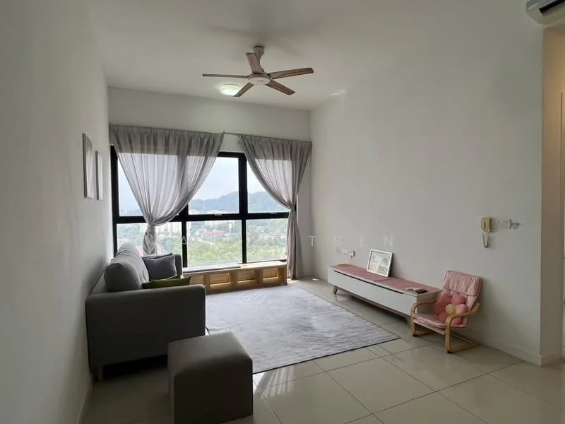 Living features: floor-to-ceiling windows, grey fabric sofa, light wood coffee table, pink children's chair, area rug, ceiling fan with light, curtains, mountain view; style: modern; view: mountain.