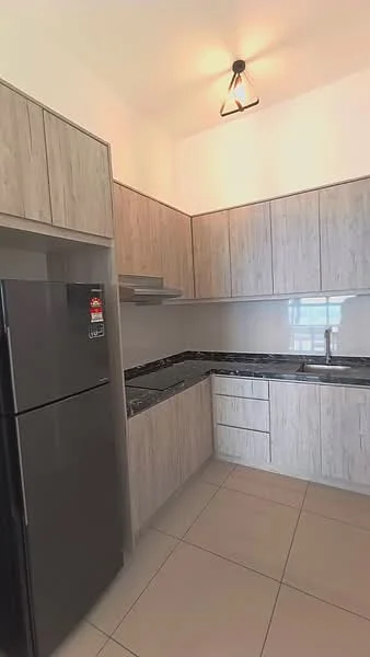 Kitchen features: grey wood cabinetry, black granite countertop, stainless-steel sink, chrome pull-down faucet, built-in stove, refrigerator, ceramic tile flooring, pendant light fixture, wall-mounted cabinets, open shelving; style: modern.