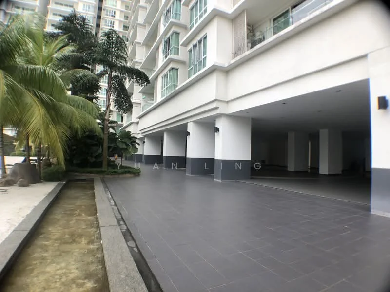 Exterior type: high-rise condominium; features: covered parking, paved flooring, landscaped garden with palm trees, water feature with stone border, multiple parking bays, modern architectural design, large windows on upper floors; style: modern.