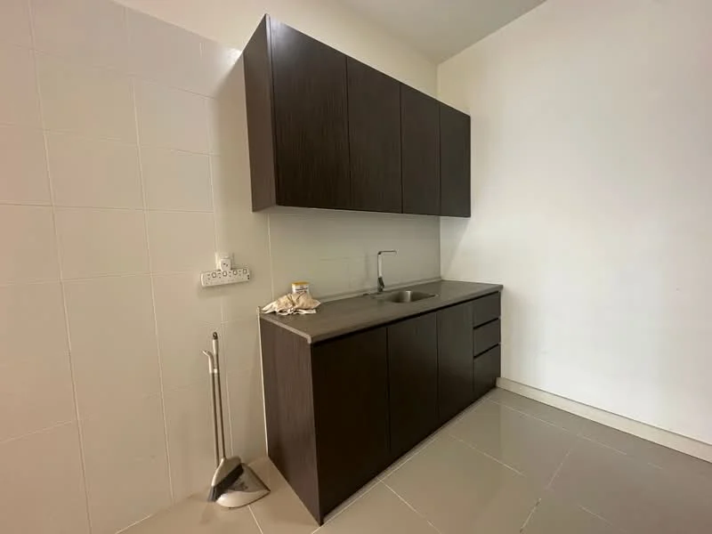 Kitchen features: dark wood cabinetry, single-bowl stainless-steel sink, chrome pull-down faucet, grey countertop, white tiled backsplash, ceramic tile flooring, wall-mounted electrical outlets, under-cabinet lighting; style: modern.