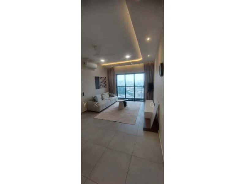 Living features: floor-to-ceiling windows, city view, 3-seater fabric sofa in light color, area rug, recessed LED downlights, ceiling fan, curtains, wall-mounted artwork, tile flooring, neutral wall color; style: modern.