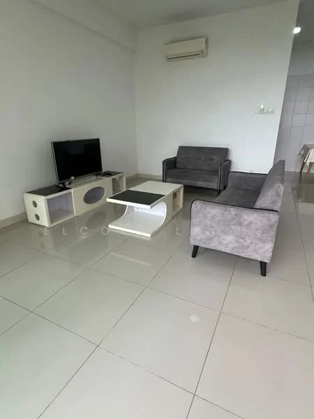 Living features: grey fabric sofa, 2-seater sofa, 3-seater sofa, coffee table with black top, TV console with storage, wall-mounted TV, white painted walls, tile flooring, 1 wall-mounted split AC; style: modern.