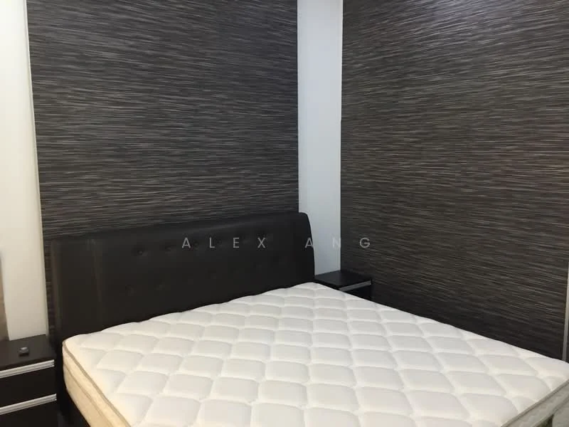 Bedroom features: black upholstered headboard, queen-size bed, two black nightstands, dark textured accent wall, white walls, laminate flooring, no bedding on mattress; style: modern.