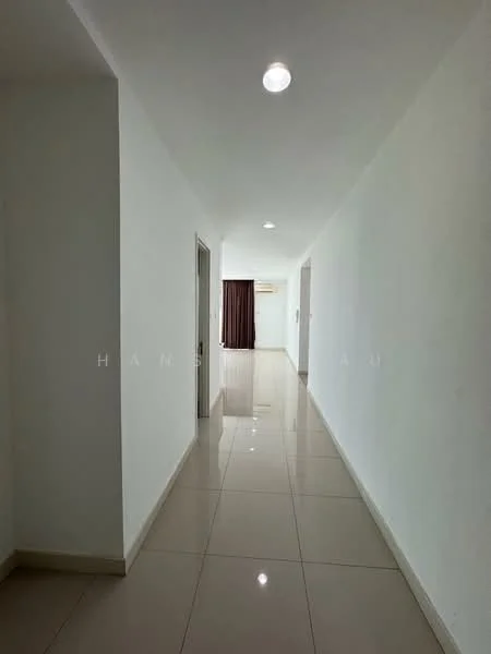 Hallway features: white painted walls, glossy ceramic tile flooring, recessed downlights, doorway leading to another room, doorway leading to bathroom, curtains in dark color, neutral color scheme; style: modern.